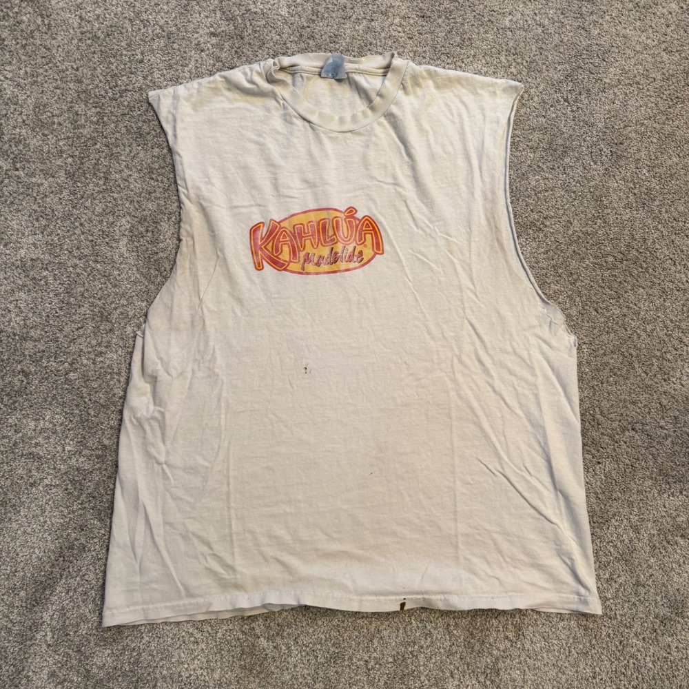 Vintage Hanes Kahlua Mudslide Muscle Tee Shirt XL Off-White Distressed 90s